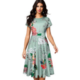 Vintage Elegant Floral Print Pleated Round Neck