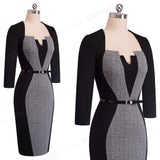 Women Elegant Optical Illusion Patchwork Contrast Belted Vintage Slim Work Office Business