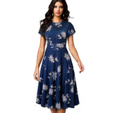 Vintage Elegant Floral Print Pleated Round Neck