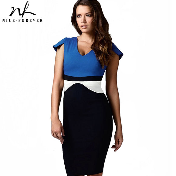 Nice-forever Elegant Contrast Color Patchwork Dresses Office Business Bodycon Sheath Women Dress bty998