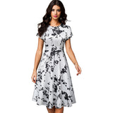 Vintage Elegant Floral Print Pleated Round Neck