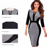 Women Retro Contrast Patchwork Wear to Work Business Office Bodycon Zipper Sheath