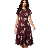 Vintage Elegant Floral Print Pleated Round Neck