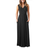 Causal Pure with Pocket Pleated Dresses  Flare Long Maxi Summer Women Dress