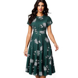 Vintage Elegant Floral Print Pleated Round Neck