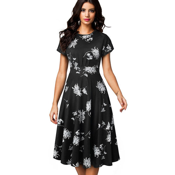 Vintage Elegant Floral Print Pleated Round neck vestidos A-Line Pinup Business Party Women