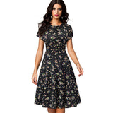Vintage Elegant Floral Print Pleated Round neck vestidos A-Line Pinup Business Party Women Flare Swing Dress A102