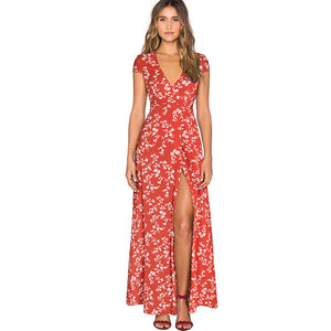 Summer Bohemian Floral Printed Sexy Side Split Dresses Beach Women