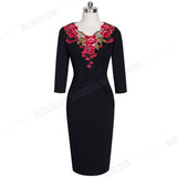 Elegant Applique Flower embroidery V-neck Office Dress Bodycon Female 3/4 Sleeve Sheath