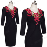 Elegant Applique Flower embroidery V-neck Office Dress Bodycon Female 3/4 Sleeve Sheath