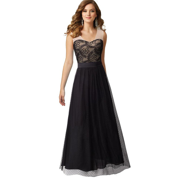 Elegant Mesh Floral Lace Patchwork Gown Cocktail Party Chiffon Women Flared Dress