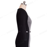 Women Elegant Optical Illusion Patchwork Contrast Belted Vintage Slim Work Office Business