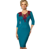 Elegant Applique Flower embroidery V-neck Office Dress Bodycon Female 3/4 Sleeve Sheath