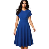 Vintage Elegant Floral Print Pleated Round neck vestidos A-Line Pinup Business Party Women Flare Swing Dress A102