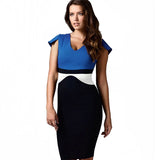 Nice-forever Elegant Contrast Color Patchwork Dresses Office Business Bodycon Sheath Women Dress bty998