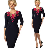 Elegant Applique Flower embroidery V-neck Office Dress Bodycon Female 3/4 Sleeve Sheath