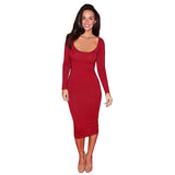 Casual Work Vintage Mid-Calf dress Stylish Brief Office Lady Solid Scoop Neck Full Sleeve