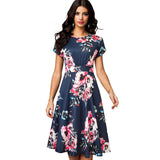 Vintage Elegant Floral Print Pleated Round neck vestidos A-Line Pinup Business Party Women Flare Swing Dress A102