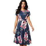 Vintage Elegant Floral Print Pleated Round Neck