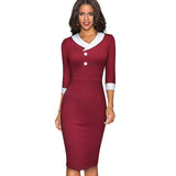 Autumn Retro Contrast Color Patchwork Elegant Office Dresses Business Formal Sheath