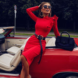 New Winter Red Black Long Sleeve Club Bodycon Bandage Dress Sexy Women Ruffles Knee Length Midi Celebrity Party Dress