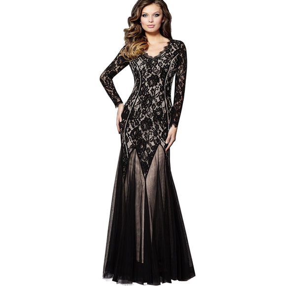 Elegant Vintage Black Floral Lace Gown Celebrity Party Bodycon Maxi Long