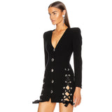 Adyce 2020 New Winter Women Black V Neck Mini Bandage Dress Sexy Long Sleeve Buttons Club Celebrity Evening Runway Party Dresses