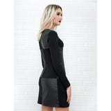 Women Vintage Leather Patchwork Elegant Office Dress Long Sleeve O neck Solid Casual Mini Dress  New Fashion Dress