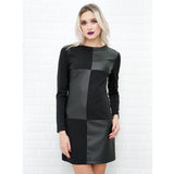 Women Vintage Leather Patchwork Elegant Office Dress Long Sleeve O neck Solid Casual Mini Dress  New Fashion Dress