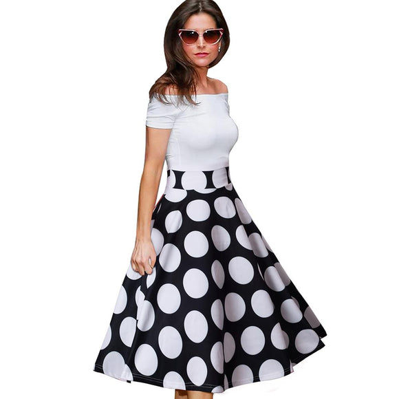 Retro 1950s Polka Dots Off Shoulder Dresses Party