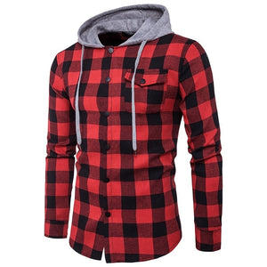 Fashion Plaid Hooded Dual Pockets Long Sleeve Men's Casual Slim Fit Shirt Top Lumberjack Check Shirt