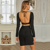 New Winter Women Black Backless Bandage 2 Two Pieces Sets Long Sleeve Tops& Skirts Buttons Club Celebrity Party Sets