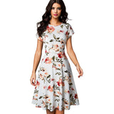 Vintage Elegant Floral Print Pleated Round Neck
