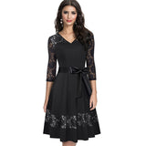 Retro Elegant Lace Patchwork with Sash vestidos Party Women Flare A-line