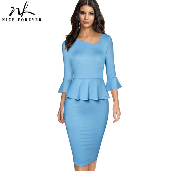 Spring Pure Color Elegant Peplum Work Dresses Formal Business Bodycon Slim Women Dress B609