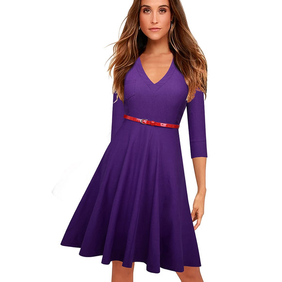 Autumn Women Knee Length Retro 1950's with Sash Dresses Cocktail Party