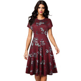 Vintage Elegant Floral Print Pleated Round Neck