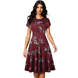 Vintage Elegant Floral Print Pleated Round neck vestidos A-Line Pinup Business Party Women Flare Swing Dress A102