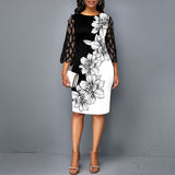 Office Ladies Floral  Bodycon Dress Spring Summer Dress Women Mesh 3/4 Sleeve Vintage Sexy Party