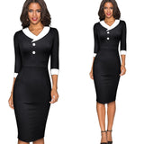 Autumn Retro Contrast Color Patchwork Elegant Office Dresses Business Formal Sheath