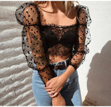 Women Dot Black Blouse Mesh See Through Long Puff