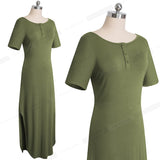 Causal Solid Color Side Split vestidos Pure Button Maxi Women Flare Dress