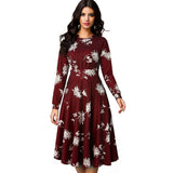 Vintage Elegant Floral Print Pleated Round Neck
