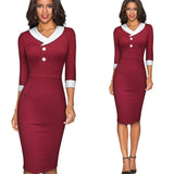 Autumn Retro Contrast Color Patchwork Elegant Office Dresses Business Formal Sheath