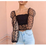 Women Dot Black Blouse Mesh See Through Long Puff