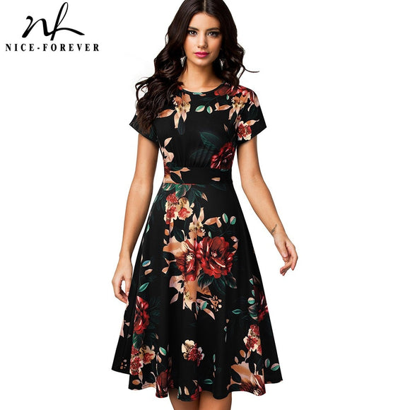 Vintage Elegant Floral Print Pleated Round neck vestidos A-Line Pinup Business Party Women Flare Swing Dress A102