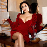 Adyce 2021 Winter Mini Wine Red Long Puff Sleeve Women Dress Sexy V Neck Velvet Buttons Lady Celebrity Evening Club Party Dress