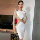 New Winter Women White Bandage 2 Two Pieces Sets Long Sleeve O Neck Tops& Skirts Patchwork Celebrity Runway Party Set