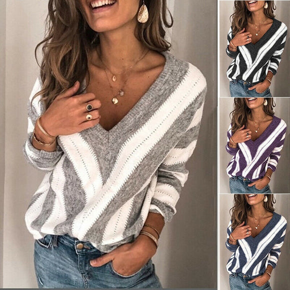 Sweater Fashion Spring Autumn V-Neck Long Sleeve Loose Pullover