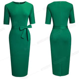 Summer Elegant Pure Green Color with Sash Office Dresses Business Formal